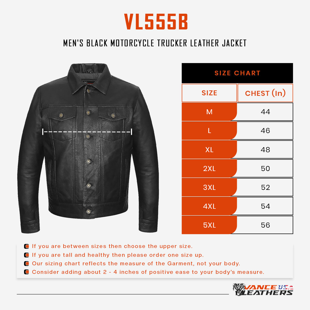 Vance-Leathers-VL555B-Mens-Black-Motorcycle-Trucker-Leather-Jacket-size-chart