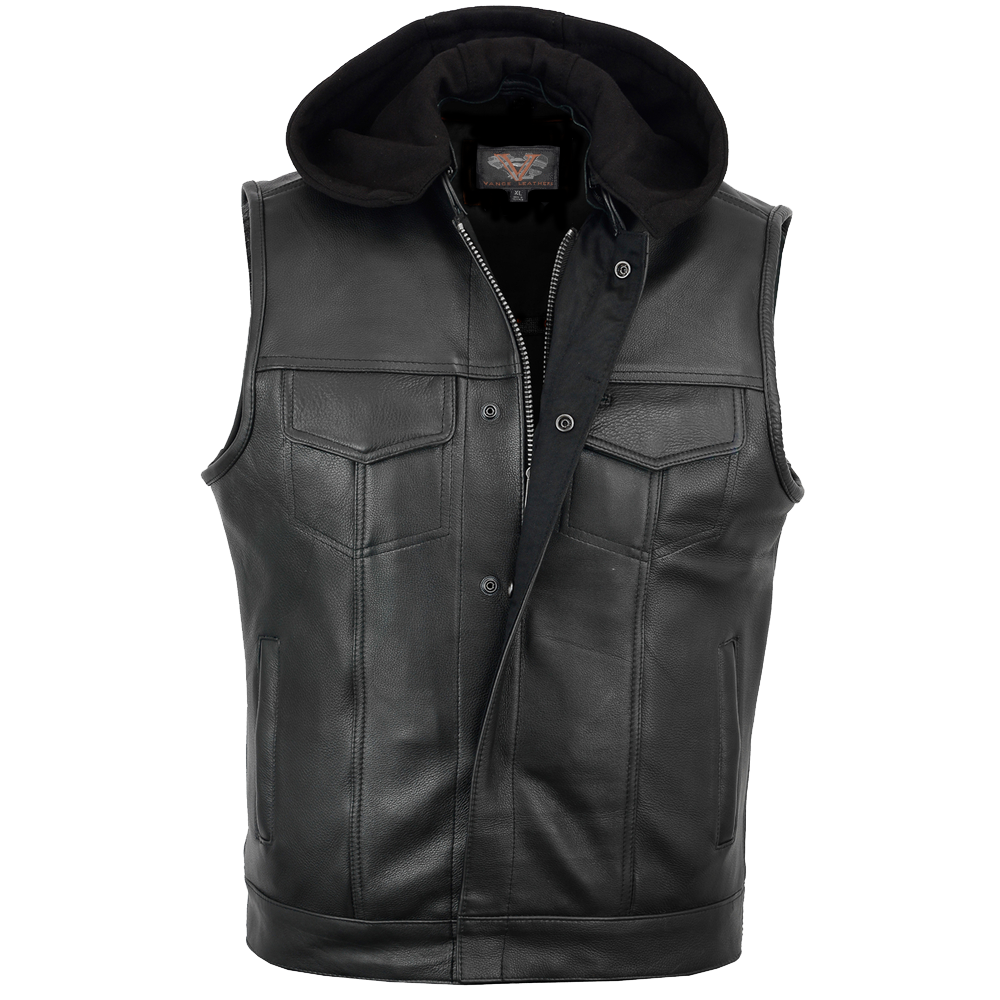 VL914H Vance Leather Zipper and Snap Closure Leather Motorcycle Club Vest with Hoodie