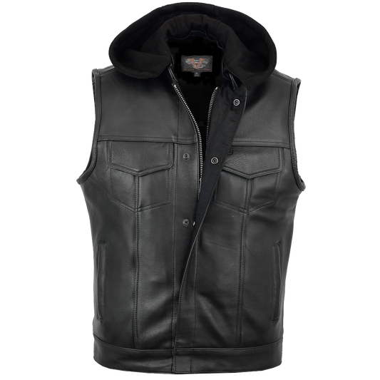 VL914H Vance Leather Zipper and Snap Closure Leather Motorcycle Club Vest with Hoodie