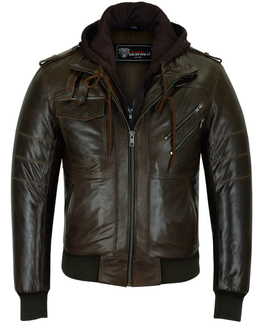 Vance Leather Men's Vincent Brown Waxed Premium Cowhide Motorcycle Leather Jacket with Removable hood