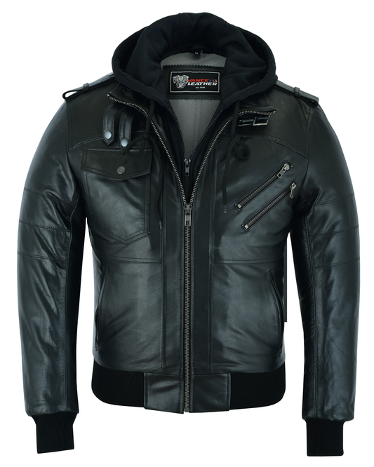 Vance Leather Men's Sven Bomber Black Waxed Premium Cowhide Motorcycle Leather Jacket with Removeable Hood