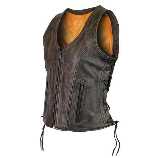 HML1029DB Vance Leather High Mileage Ladies Distressed Brown Lace Side Vest
