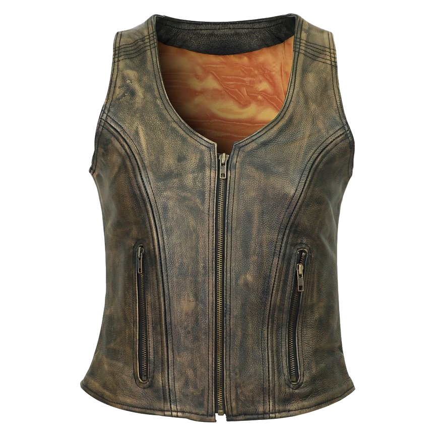 HML1031DB High Mileage Women's Distressed Brown Three-Zipper Cowhide Leather Vest