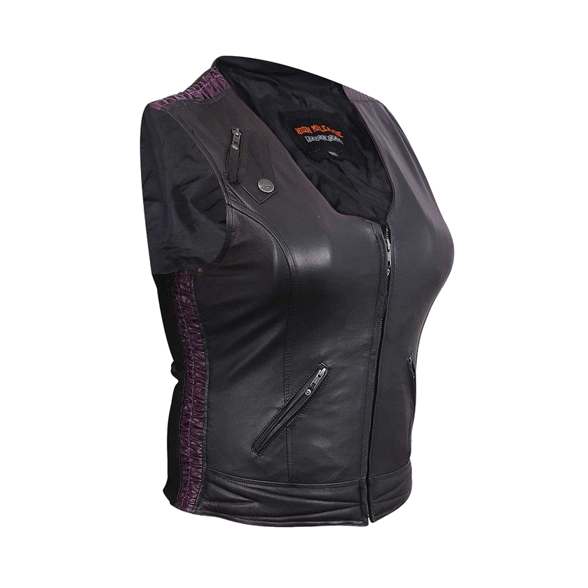 HML1033 Ladies Premium Leather Vest with Leather Scrunch Sides in Fuchsia, Purple or Black
