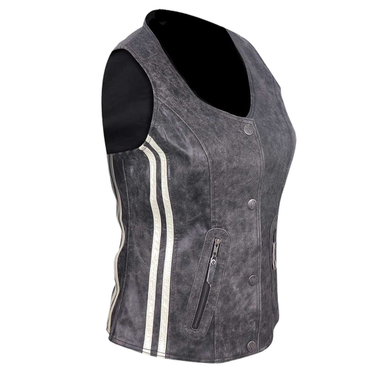 HML1035DG Ladies Distressed Gray Vest with Vertical Stripes