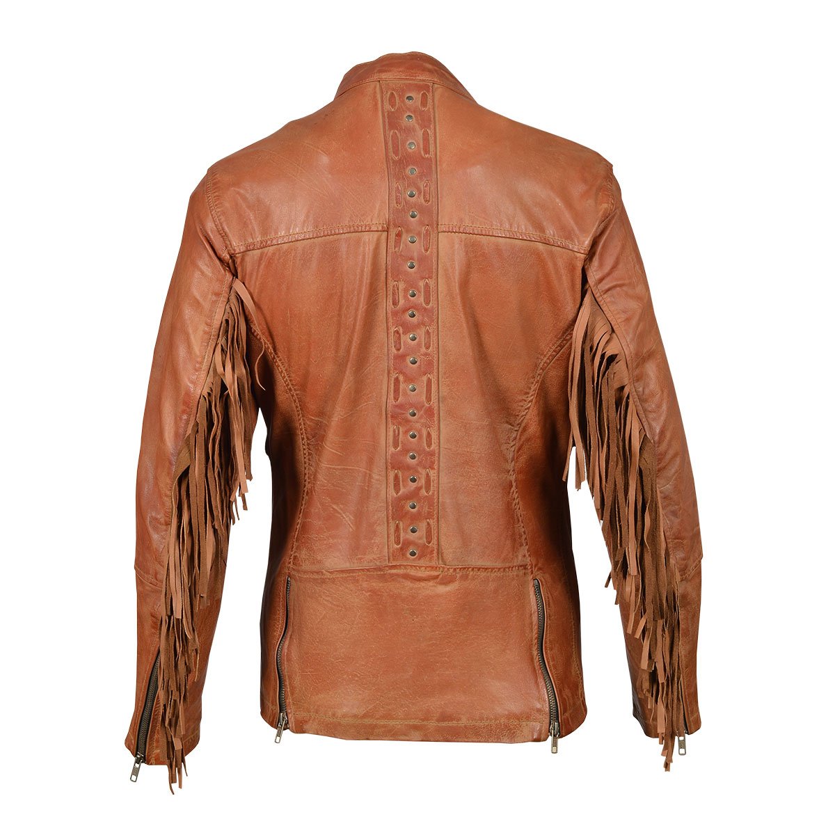 HML703T High Mileage Ladies Brown Fringe and Rivet Leather Jacket