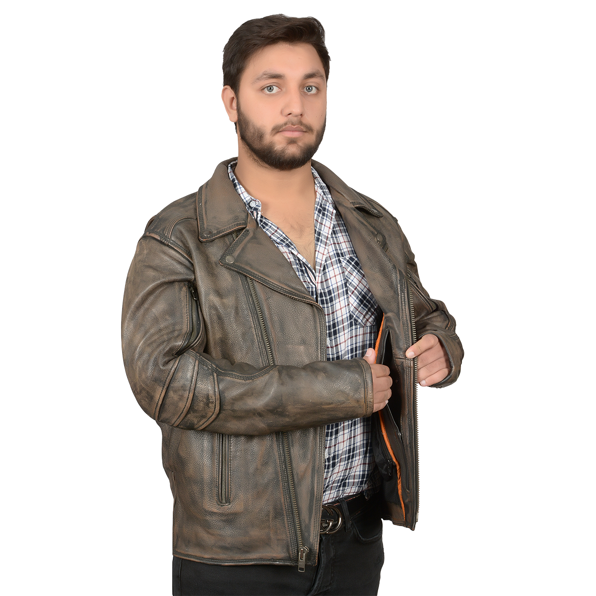 HMM517DB Men's Distressed Brown Leather Racer Jacket with Vents