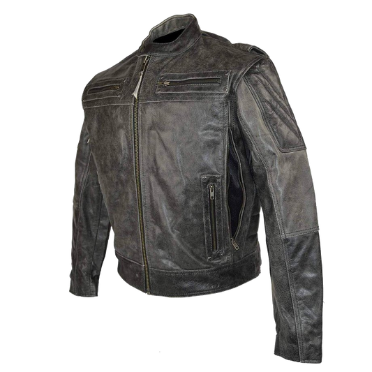 HMM542DG High Mileage Men's Distressed Gray Padded and Vented Leather Scooter Jacket