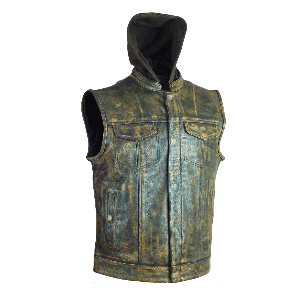 HMM914HDB Distressed Brown Motorcycle Club Leather Vest with Hood