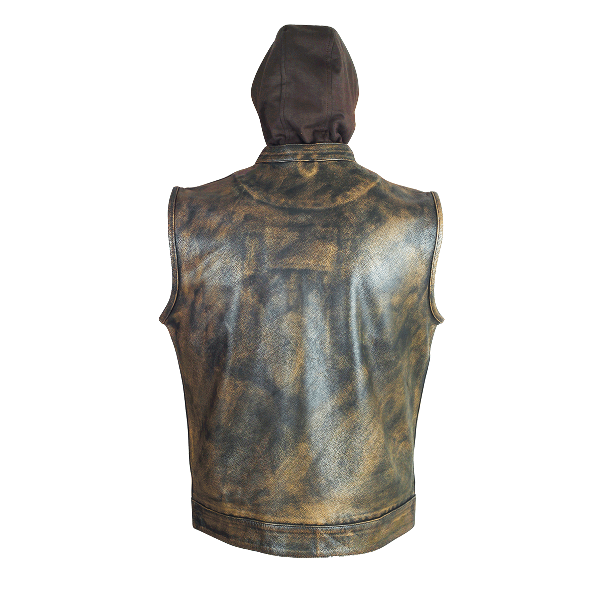 HMM914HDB Distressed Brown Motorcycle Club Leather Vest with Hood