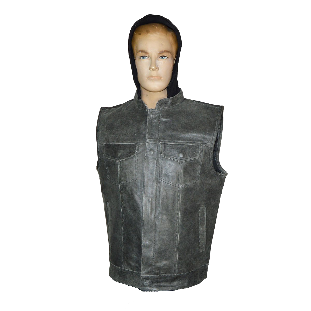 HMM914HDG Distressed Gray Motorcycle Club Leather Vest with Hood