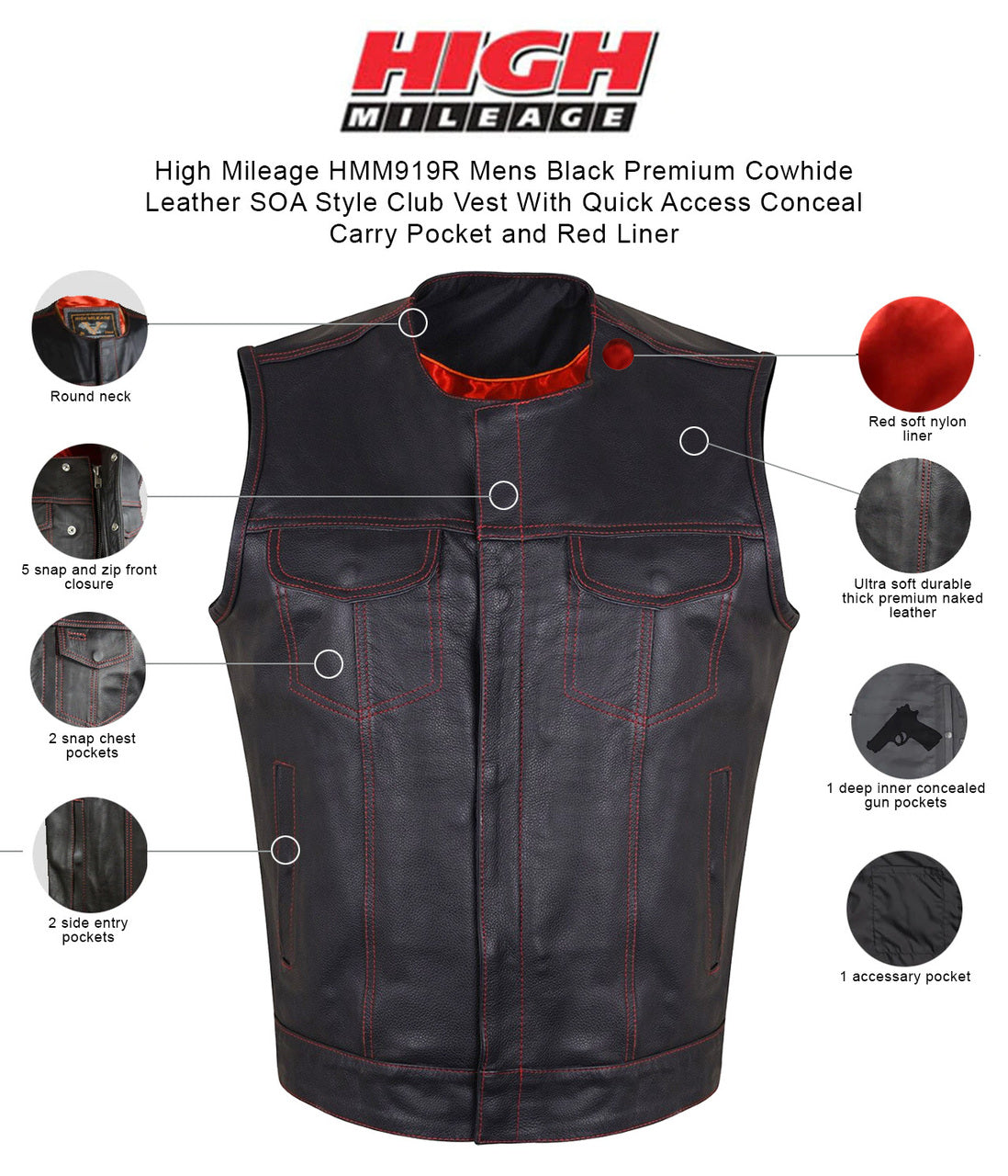 HMM919R Men's Leather Club Vest Quick Access Gun Pocket with Red Liner