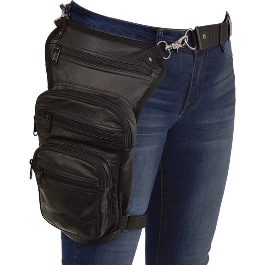 VA562 Black Carry Leather Thigh Bag with Waist Belt and concealed Gun Pocket