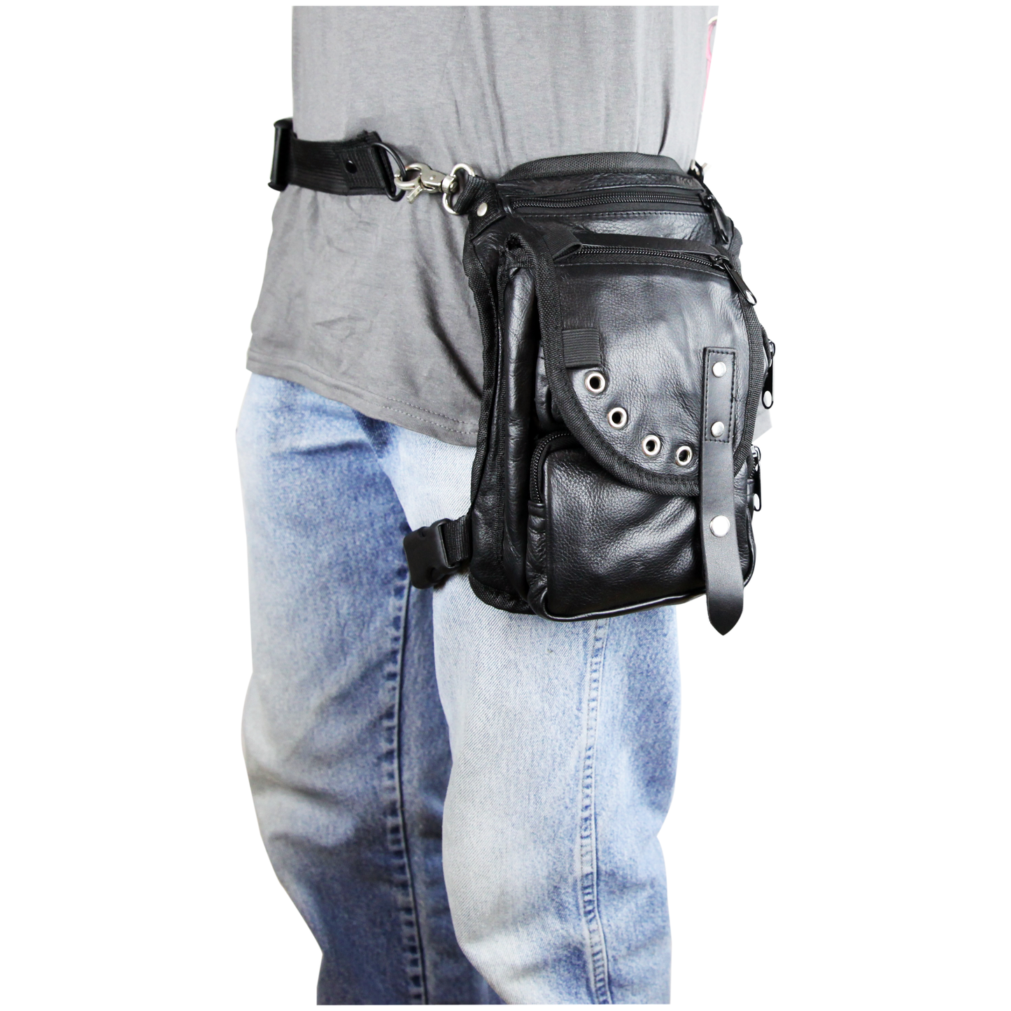 VA564 Black Carry Leather Thigh Bag with Waist Belt and concealed Gun Pocket