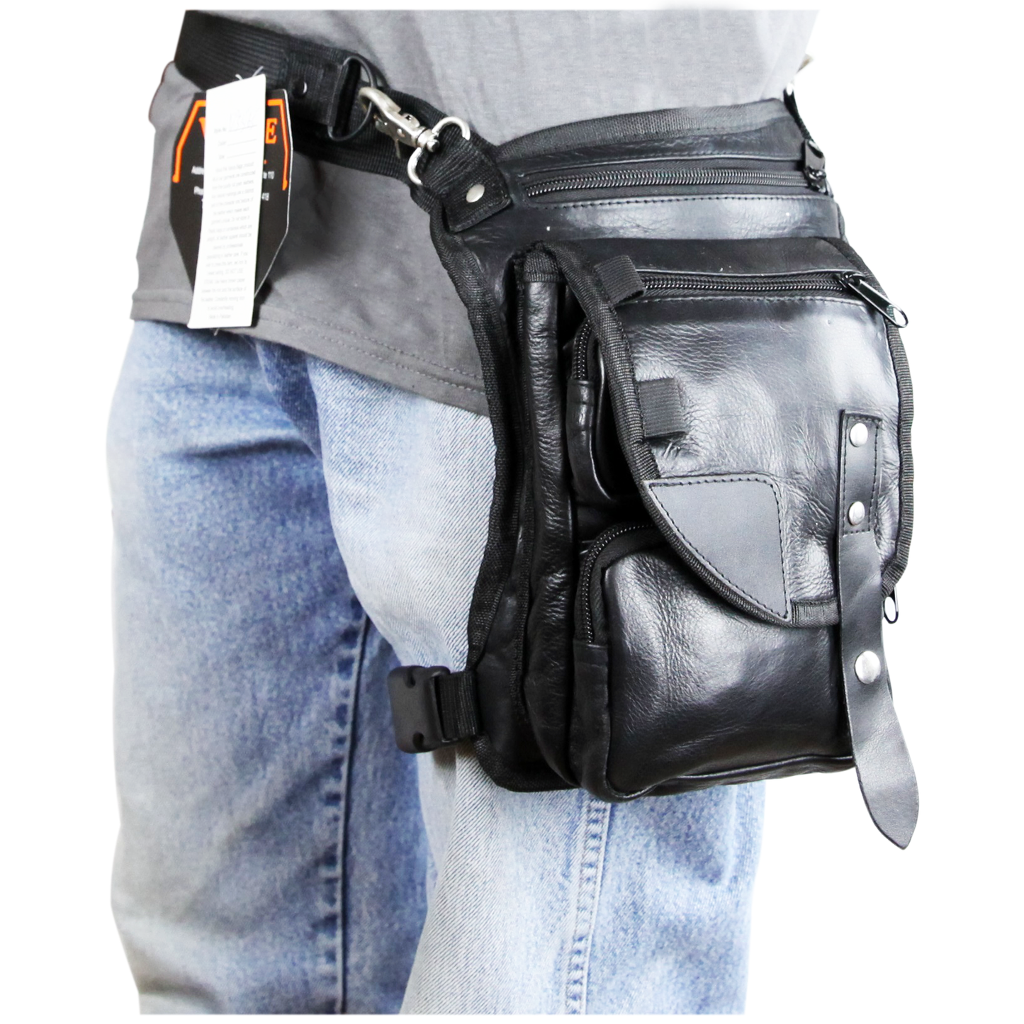 VA565 Black Carry Leather Thigh Bag with Waist Belt and concealed Gun Pocket