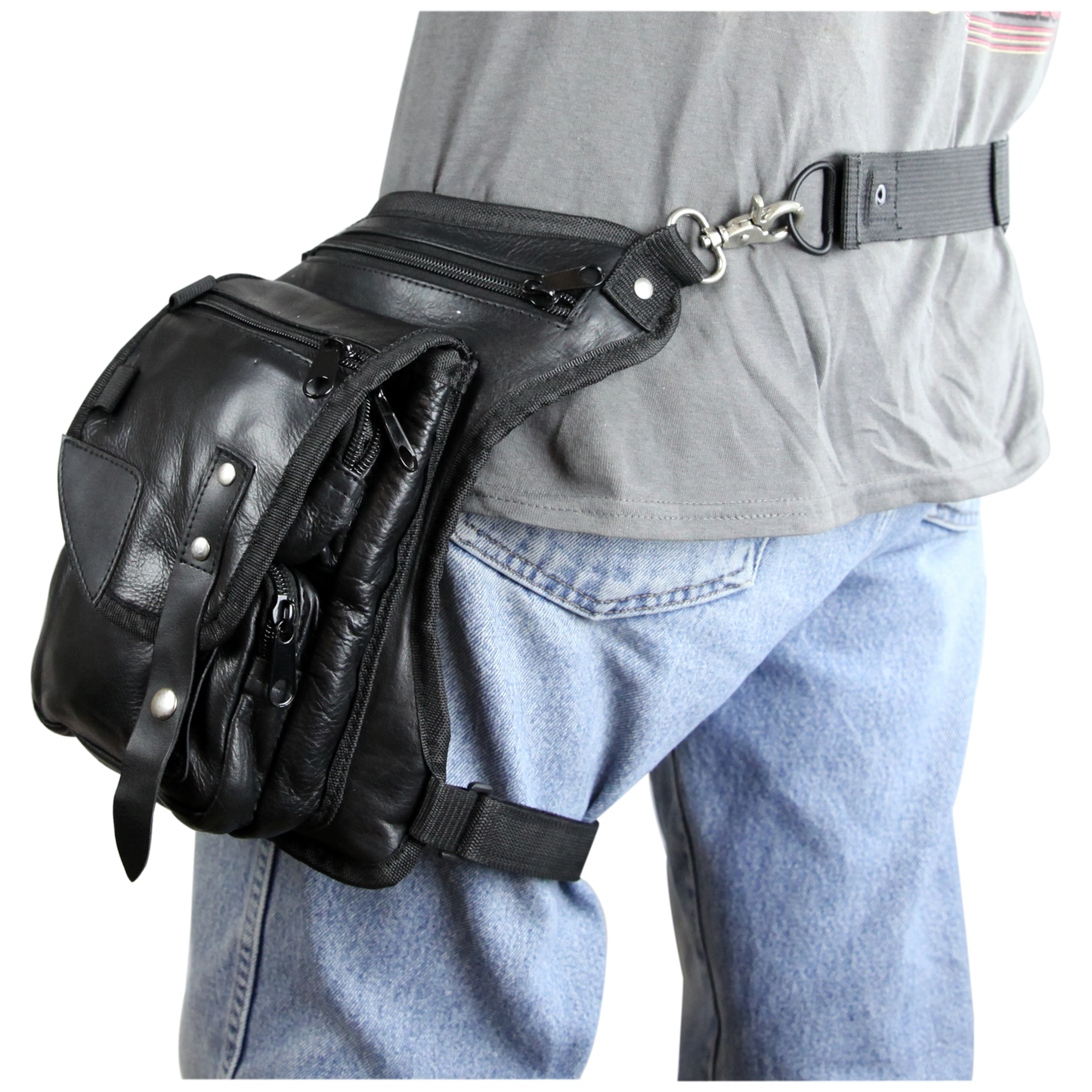 VA565 Black Carry Leather Thigh Bag with Waist Belt and concealed Gun Pocket