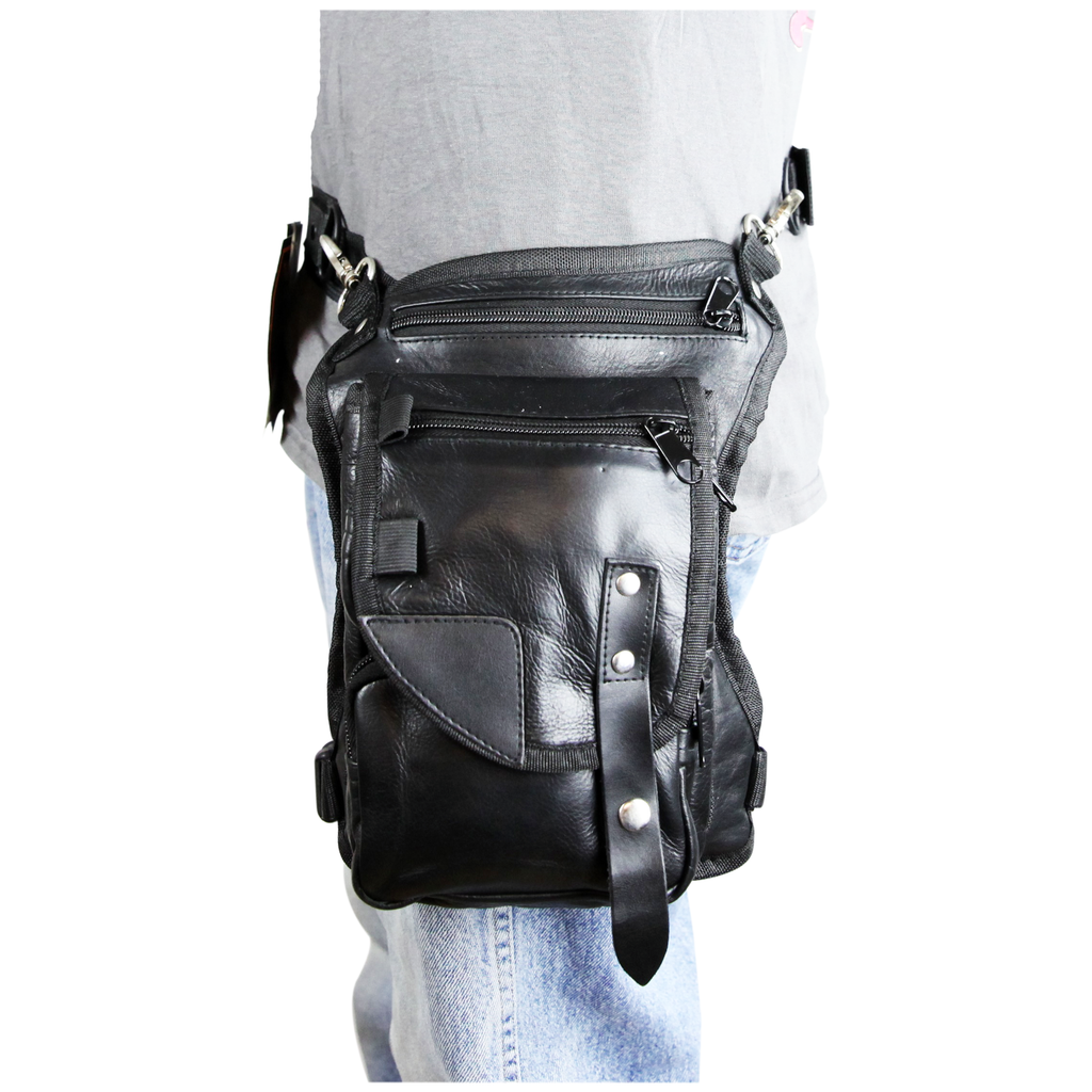 VA565 Black Carry Leather Thigh Bag with Waist Belt and concealed Gun Pocket