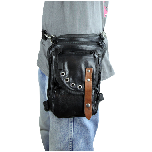 VA566 Black Carry Leather Thigh Bag with Waist Belt and concealed Gun Pocket