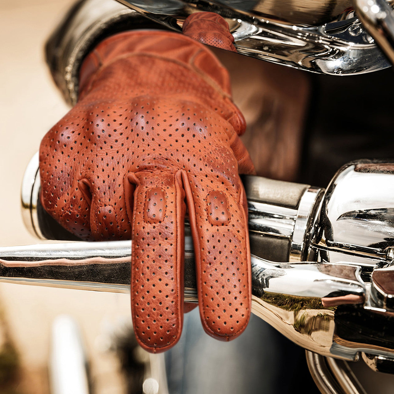 VL412Br Men's Premium Waxed Austin Brown Leather Perforated Motorcycle Gloves - pic