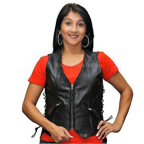 Vance Leather VL1019L Ladies Milled Leather Zipper Vest with Lace Sides