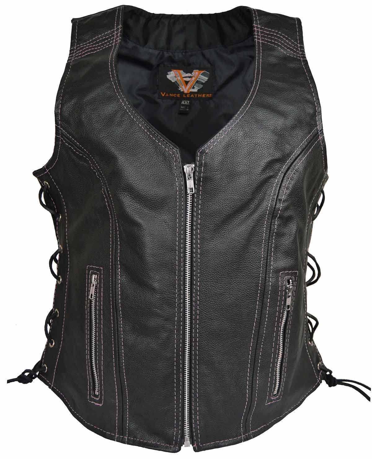 Vance Leather VL1029 Ladies Lace Side Zipper Vest with Zippered Pockets Assorted top stitching colors