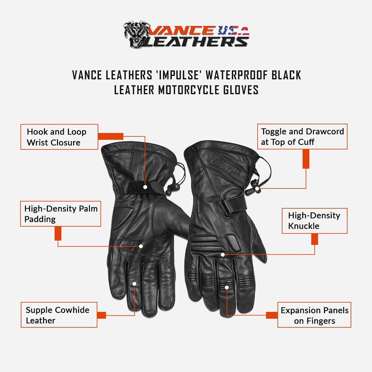 Vance VL410 Impulse Waterproof Leather Motorcycle Gloves - info