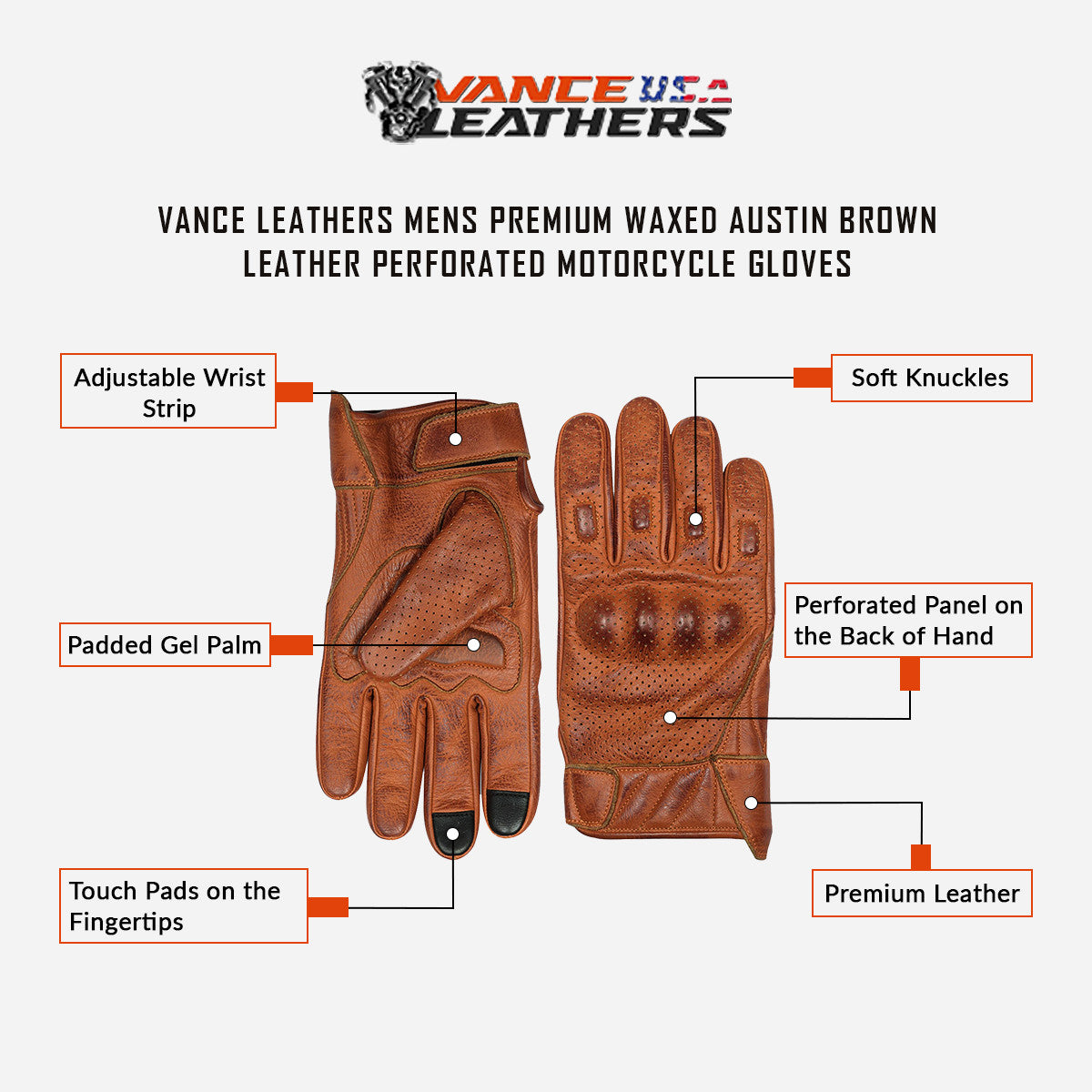 VL412Br Men's Premium Waxed Austin Brown Leather Perforated Motorcycle Gloves - info