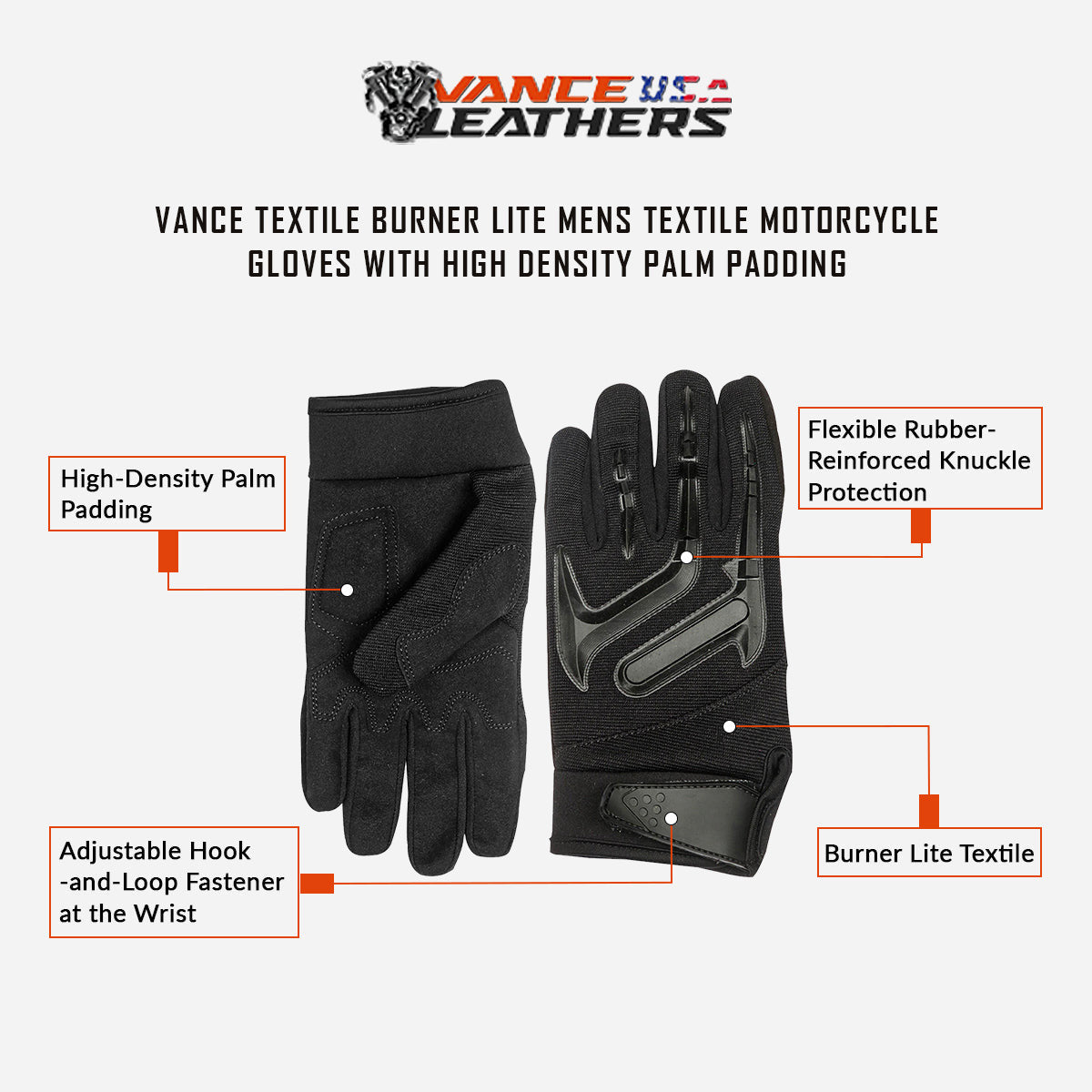 Vance VL477 Men's Burner Lite Textile Motorcycle Gloves - Info