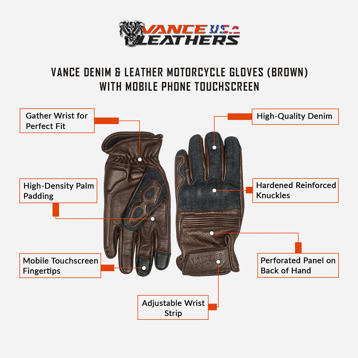Vance VL480Br Denim and Leather Motorcycle Gloves - Info