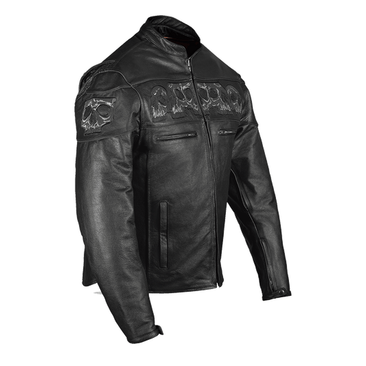 MJ535 Reflective Skull Premium Cowhide Leather Motorcycle Jacket