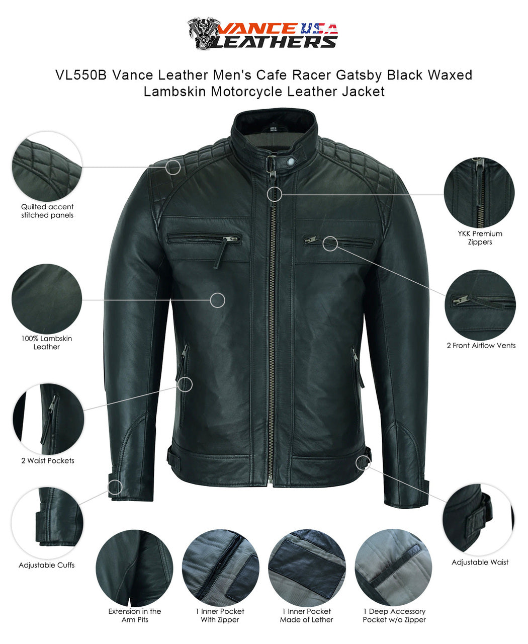 Vance Leather Men's Cafe Racer Gatsby Black Waxed Lambskin Motorcycle Leather Jacket