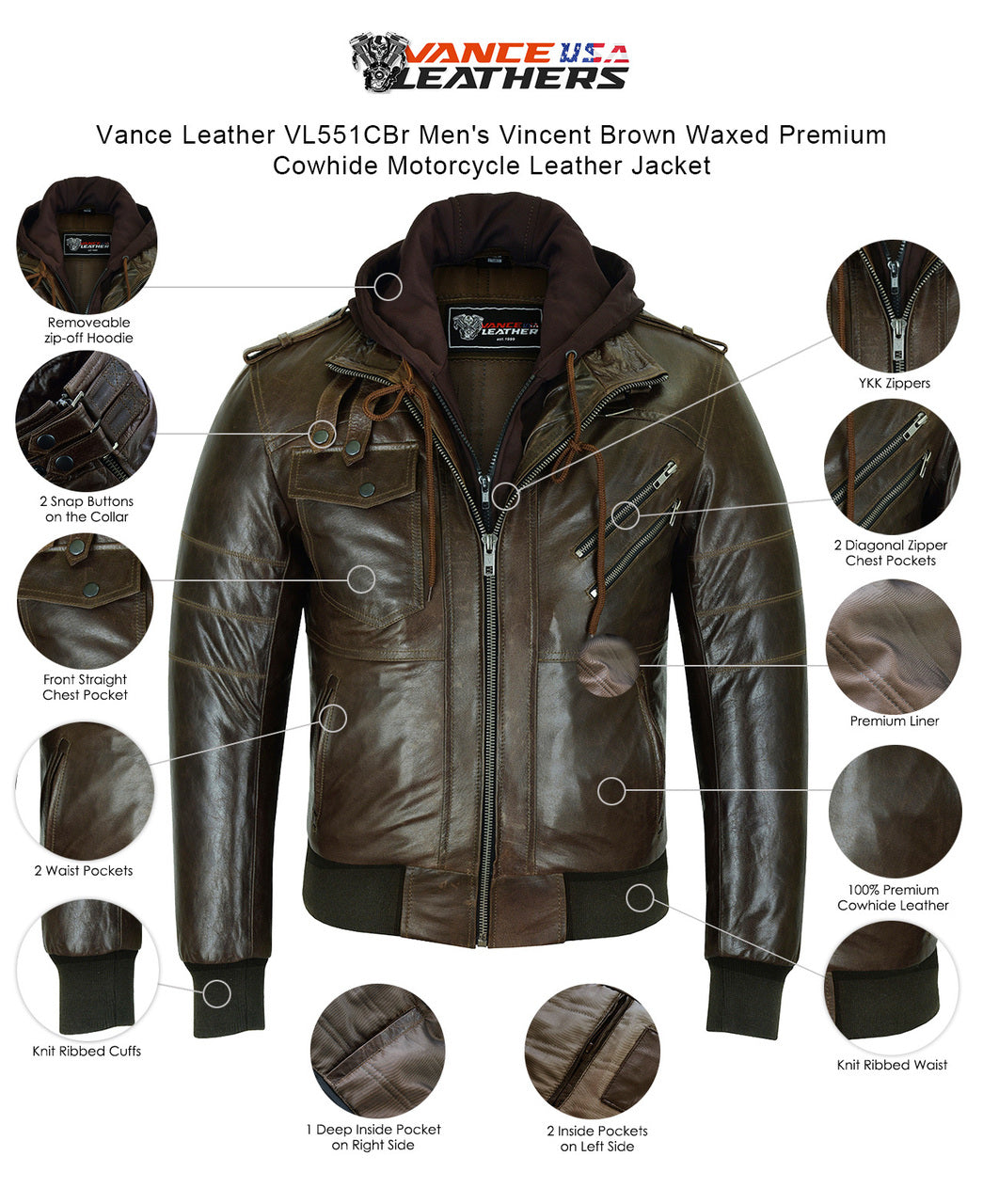 Vance Leather Men's Vincent Brown Waxed Premium Cowhide Motorcycle Leather Jacket with Removable hood