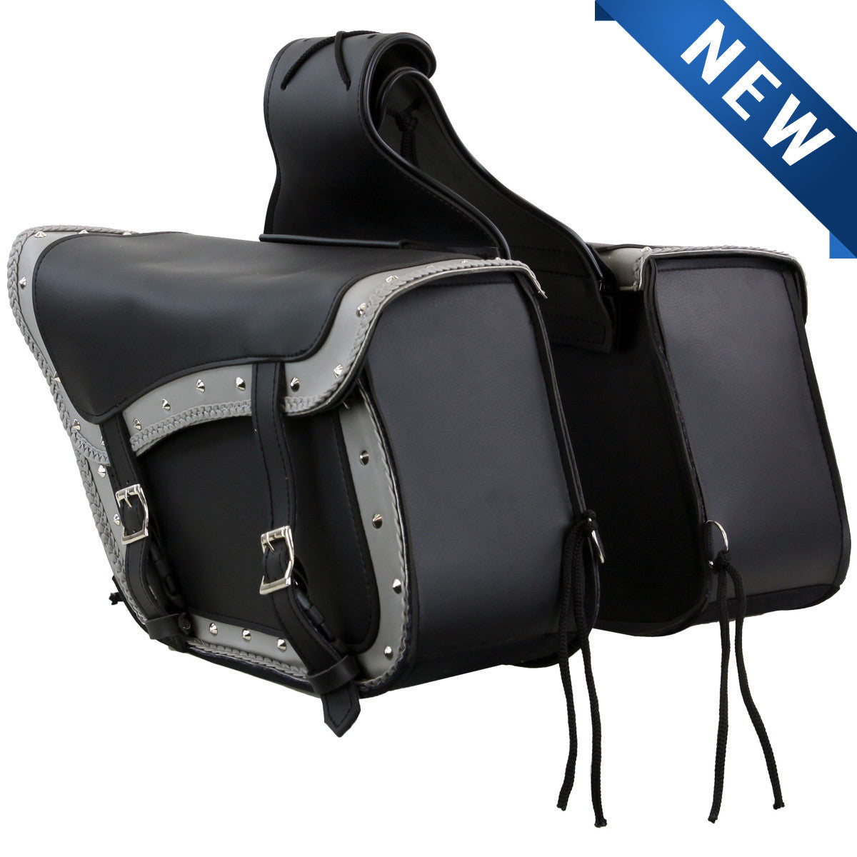 VS205GB Slanted Black and Grey Concealed Carry Braided Saddlebags with and without Studs - Daytona Bikers Wear