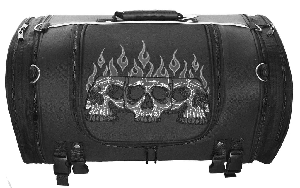 VS364 Vance Textile Trunk Bag w/Expandable Sides & Reflective Skull w/Colored Flame Embroidery - Daytona Bikers Wear