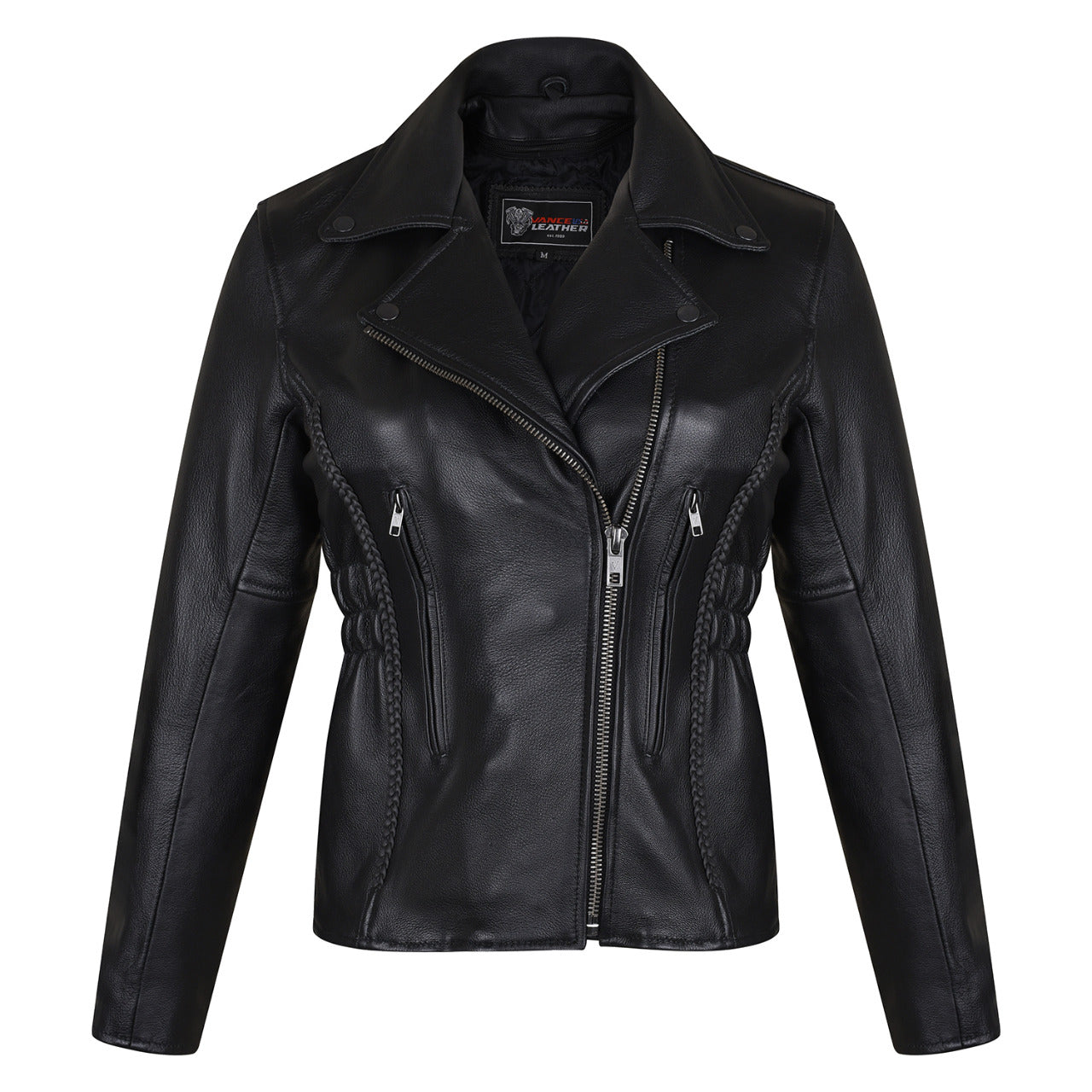 VL615 Vance Leather Ladies Premium Cowhide Braid and Stud Motorcycle Leather Jacket