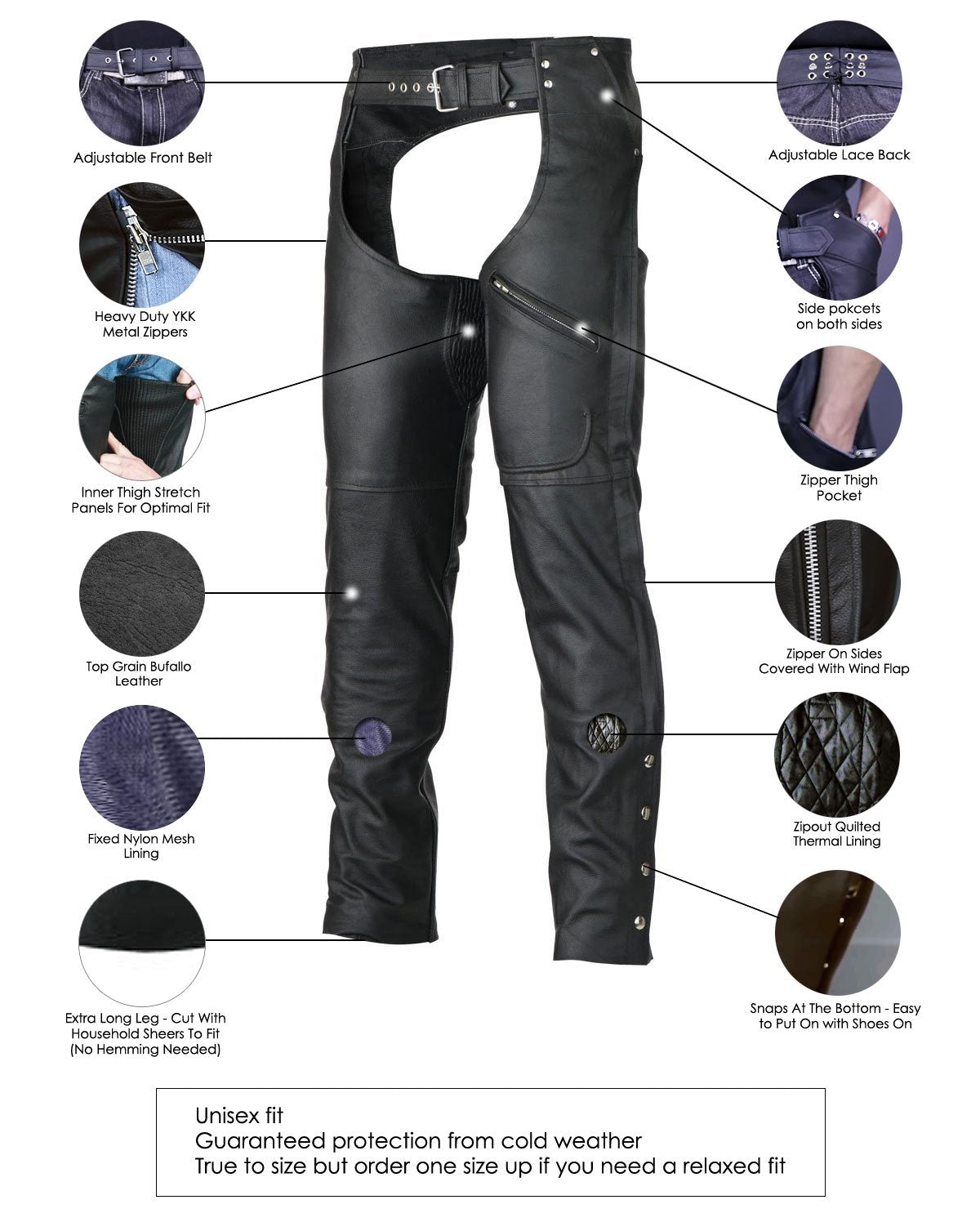 Zip-Out Insulated Pant Style Zipper Pocket Leather Chaps