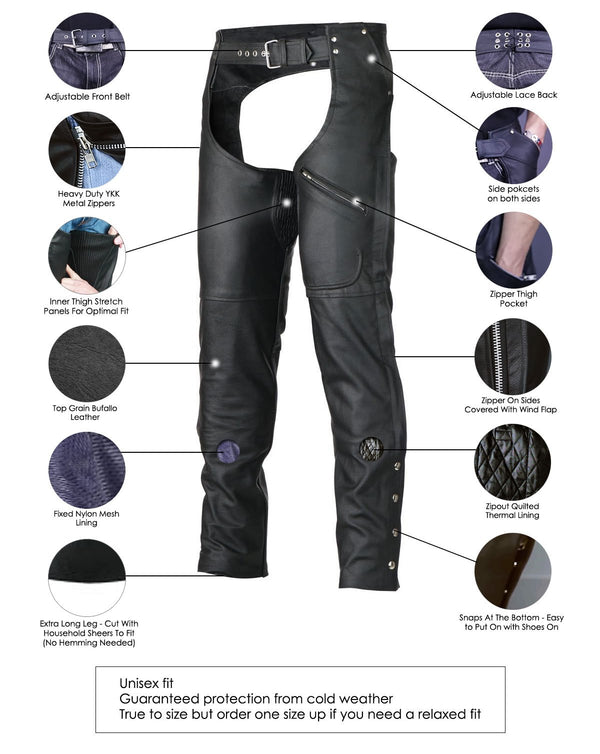 Zip-Out Insulated Pant Style Zipper Pocket Leather Chaps