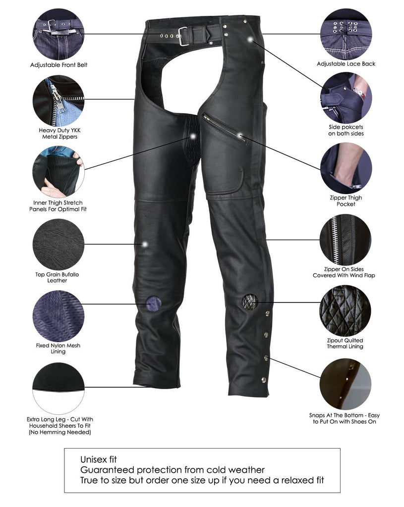 Zip-Out Insulated Pant Style Zipper Pocket Leather Chaps