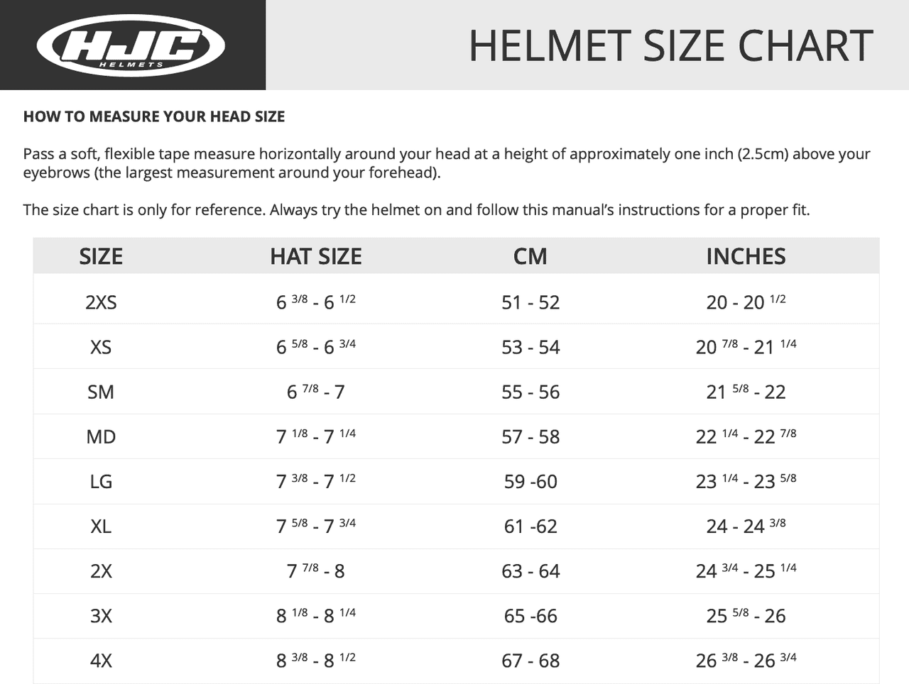 HJC-F71-Solid-Full-Face-Motorcycle-Helmet-size-chart