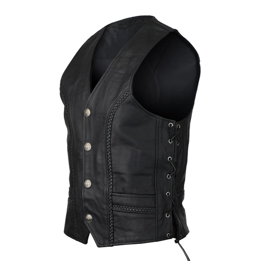 VL908 Vance Leather Buffalo Nickel Leather Motorcycle Vest with Braids and Side Laces