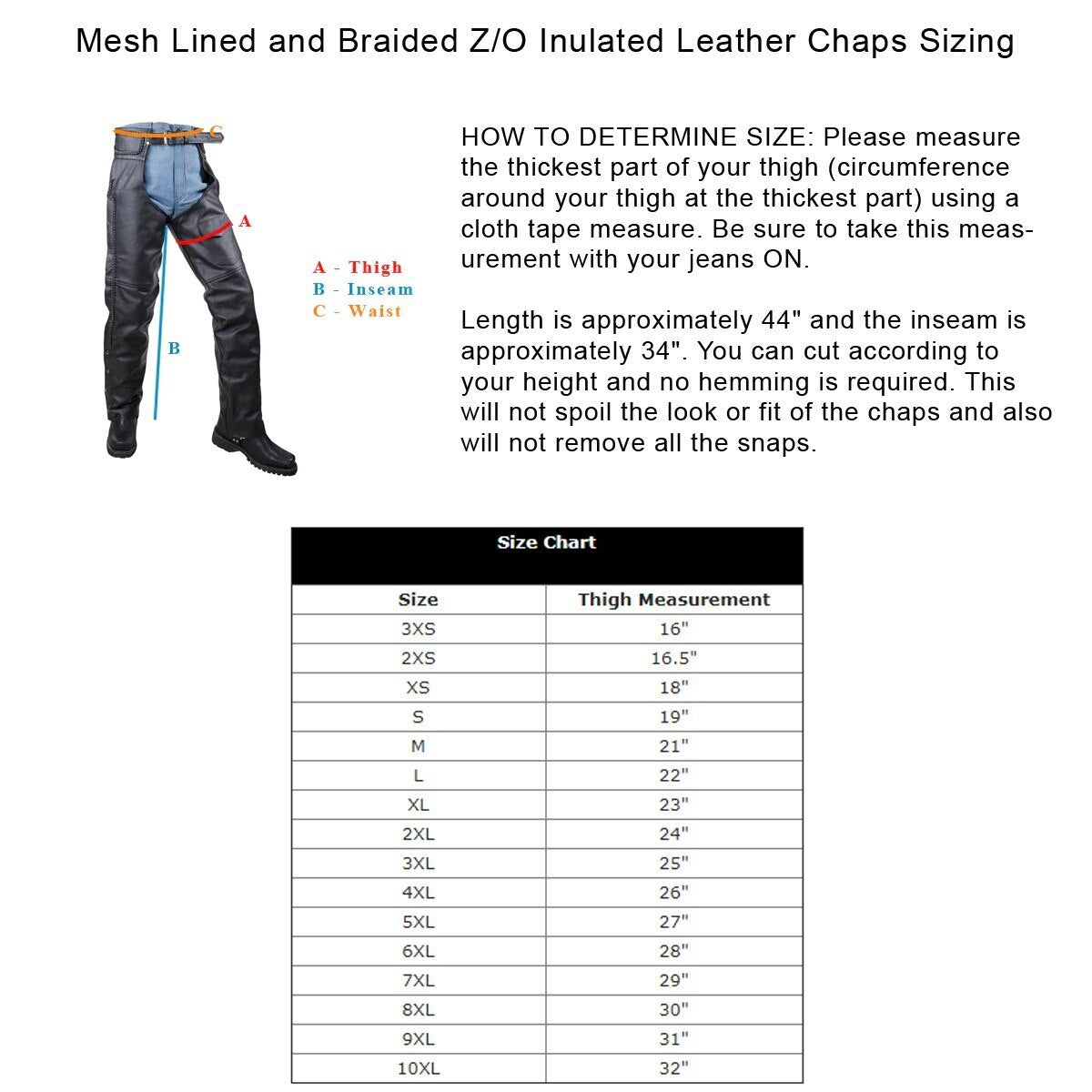 VL802 TG Vance Leather Top Grain Leather Chaps with Braid Trim