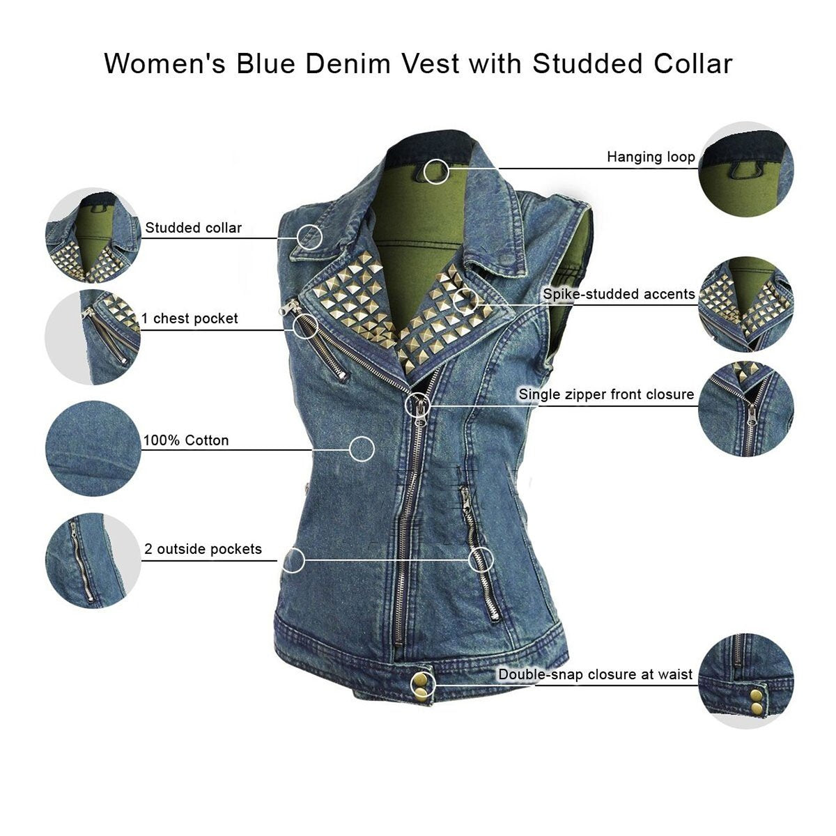 VB1050 Women's Denim Vest with Studded Collar Available in Black or Blue